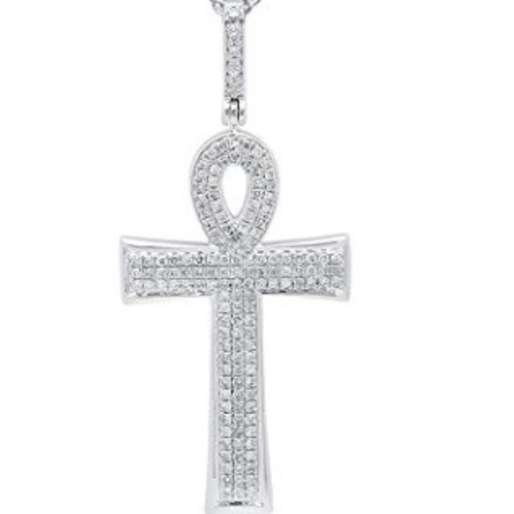 14K Gold Round Diamond Ladies Ankh Cross Pendant - Picture 1 of 4